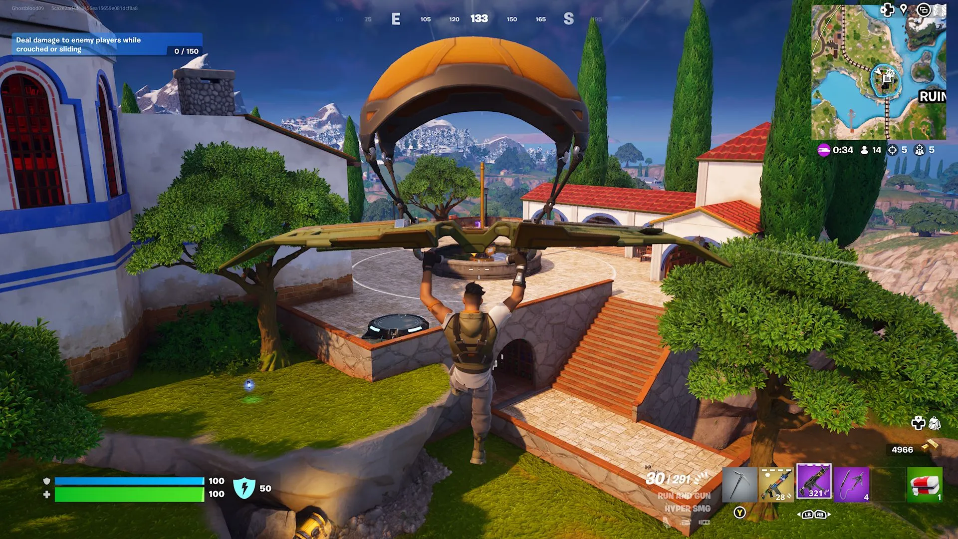 Un giocatore che utilizza una fenditura per planare verso l'alto di un'Isola del Bottino in Fortnite.