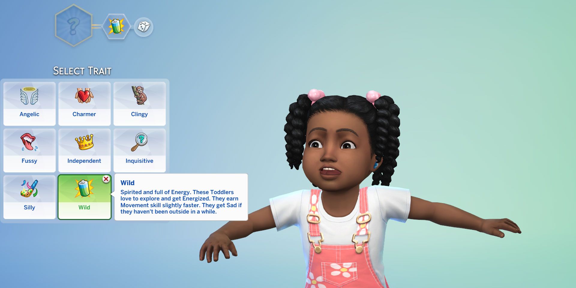 Un bambino piccolo in The Sims 4 con il tratto Selvaggio selezionato in Crea un Sim.