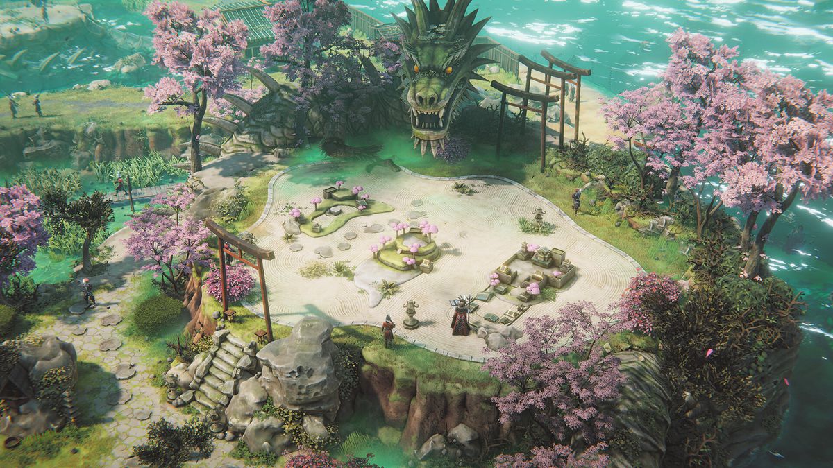 Yuki si infiltra in un paesaggio ispirato al Giappone del periodo Edo, con alberi di ciliegio e statue di draghi, in Shadow Gambit: The Cursed Crew