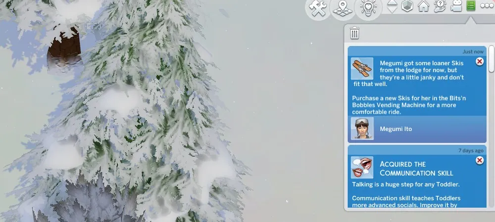 предупреждение о том, что лыжи Сима не подходят и нужно купить свои собственные в The Sims 4: Снежная побега