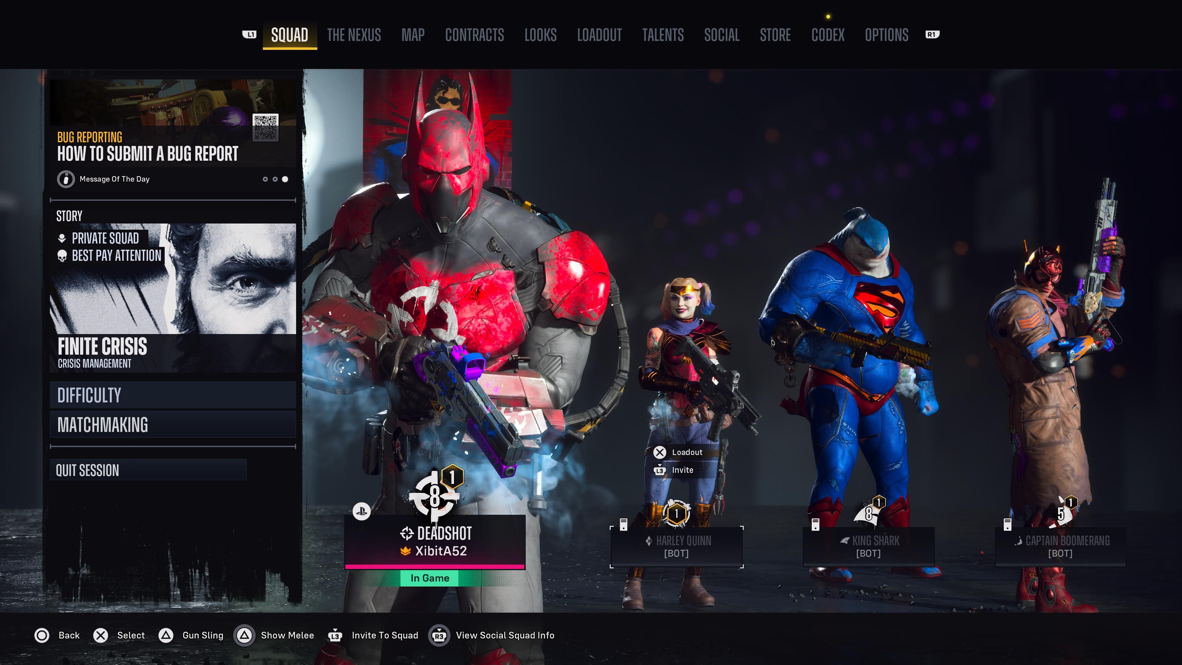 Suicide Squad: Kill the Justice League Squad Menu with Deadshot in front and Harley Quinn, King Shark, and Captain Boomerang standing in the back