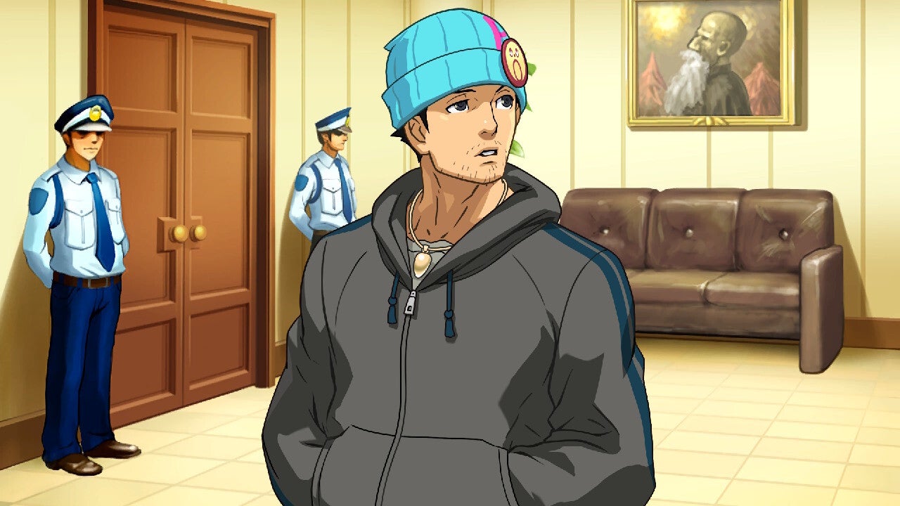 Captura de pantalla de la trilogía de Apollo Justice mostrando a un personaje con una gorra pareciendo despreocupado