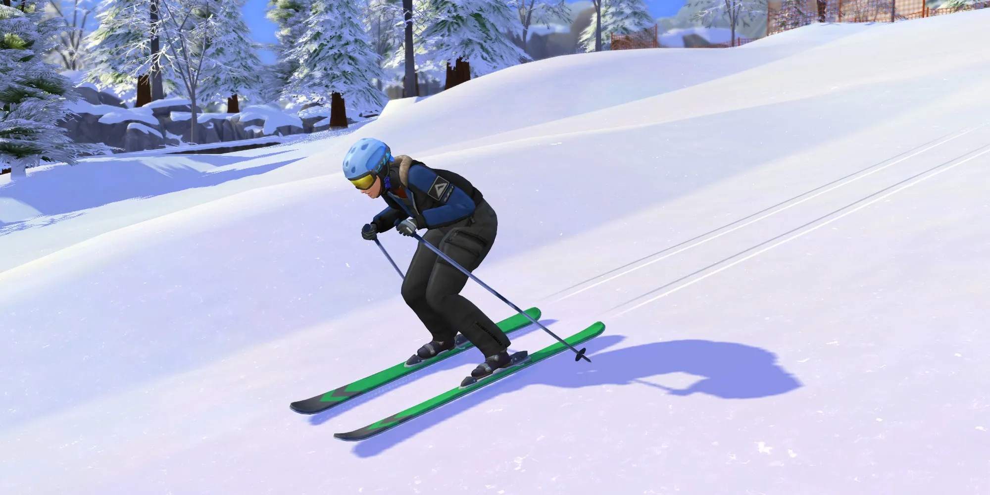 《模拟人生4：雪山冒险》中在小岛取景滑雪的模拟人物