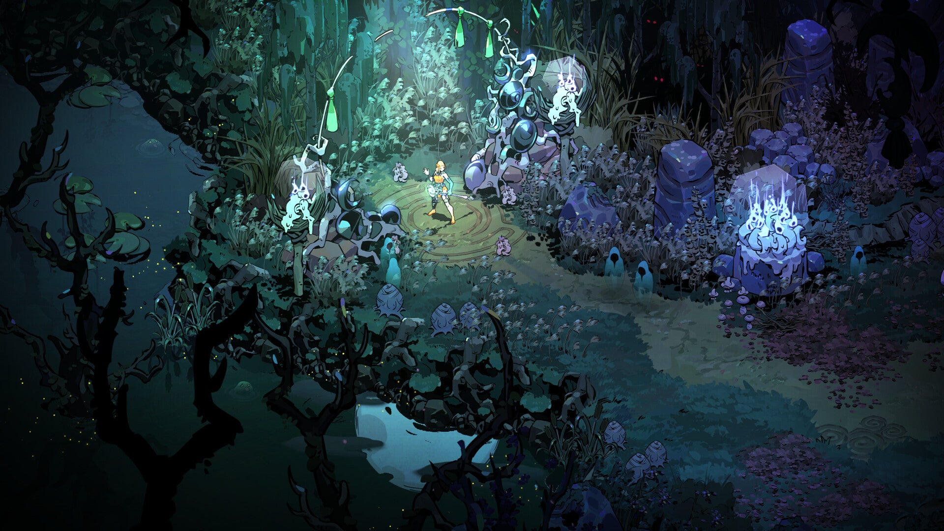 Hades 2. Un personnage lumineux se tient dans une clairière d'une forêt... quelconque. Il y a quelque chose d'irréel à cela.