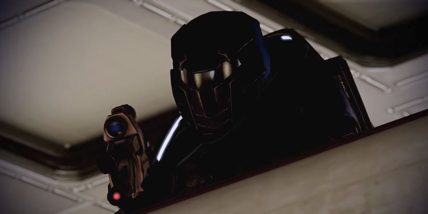 Captura de pantalla de Mass Effect 2 Legendary Edition de Garrus apuntando con su rifle de francotirador durante la misión de reclutamiento