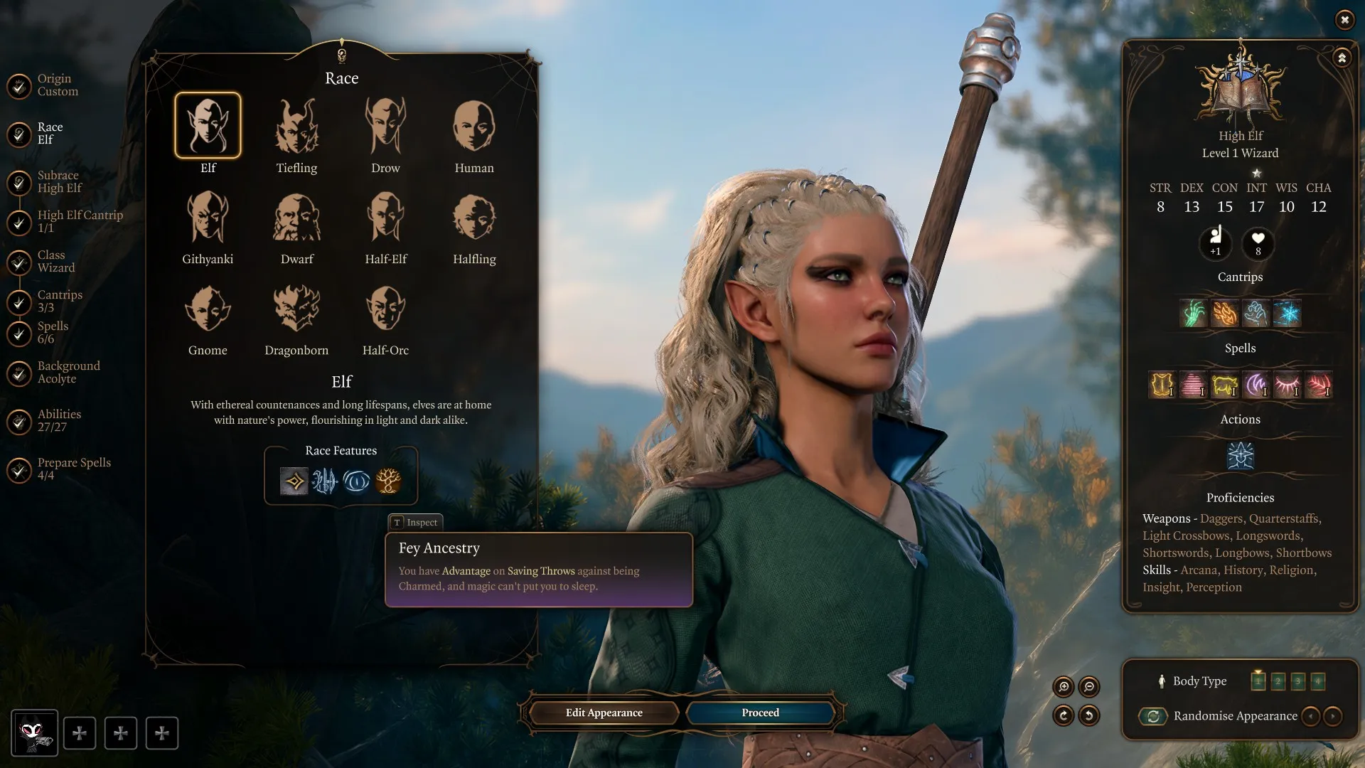 Il giocatore sceglie Elf per la classe Control Wizard e evidenzia Fey Ancestry in Baldur's Gate 3