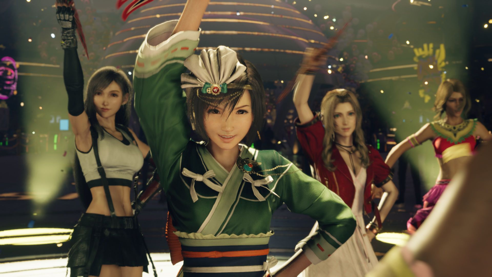 Tifa, Yuffie e Aerith ballano in una scena di Final Fantasy 7 Rebirth