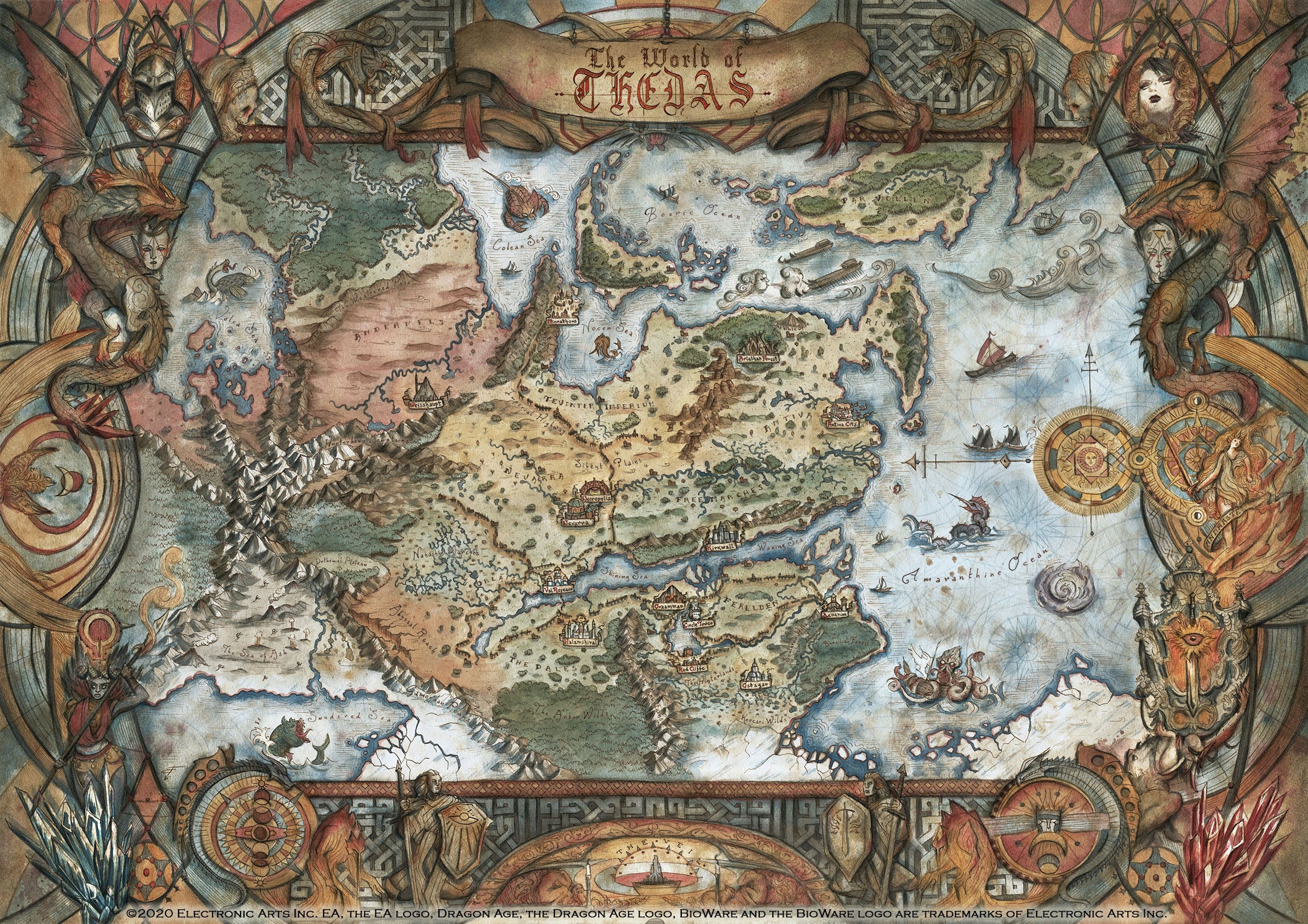 Una illustrazione molto decorativa di una mappa del mondo di Dragon Age.