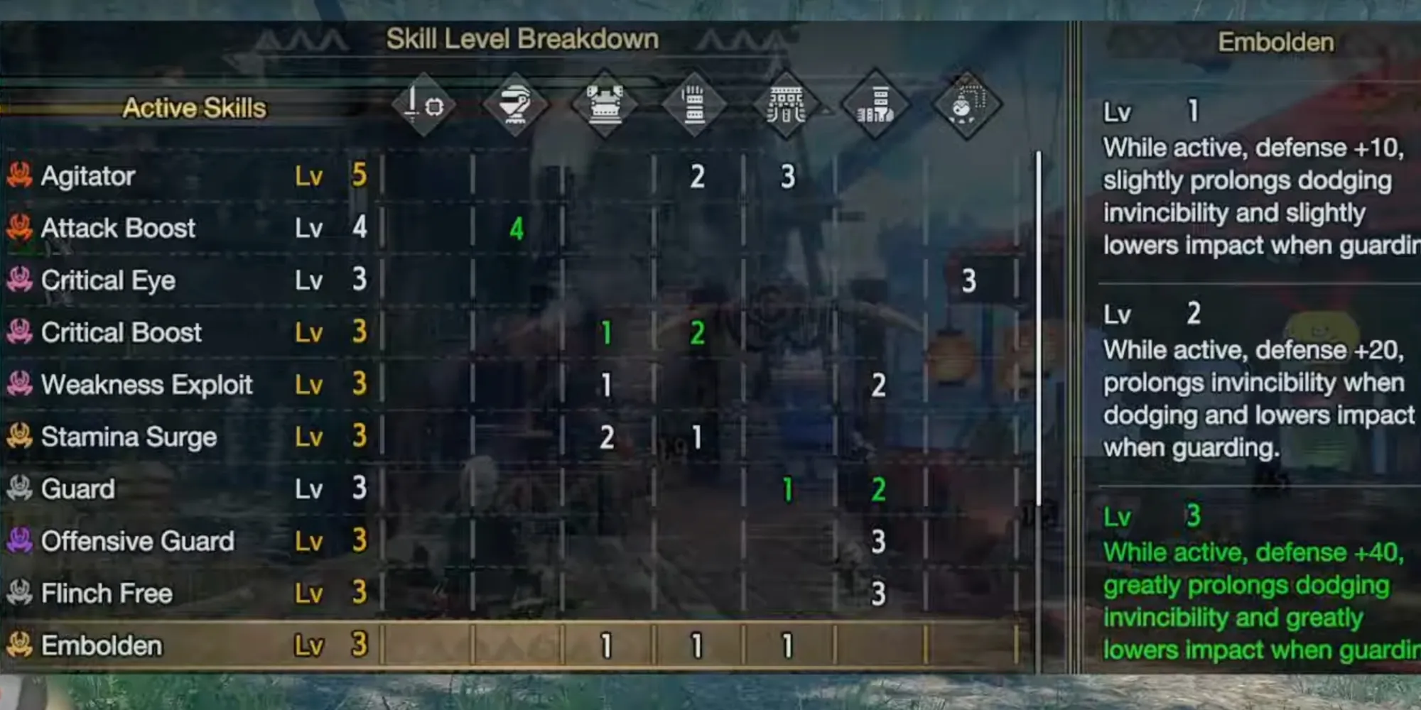 The Embolden SnS build skill loadout in a menu