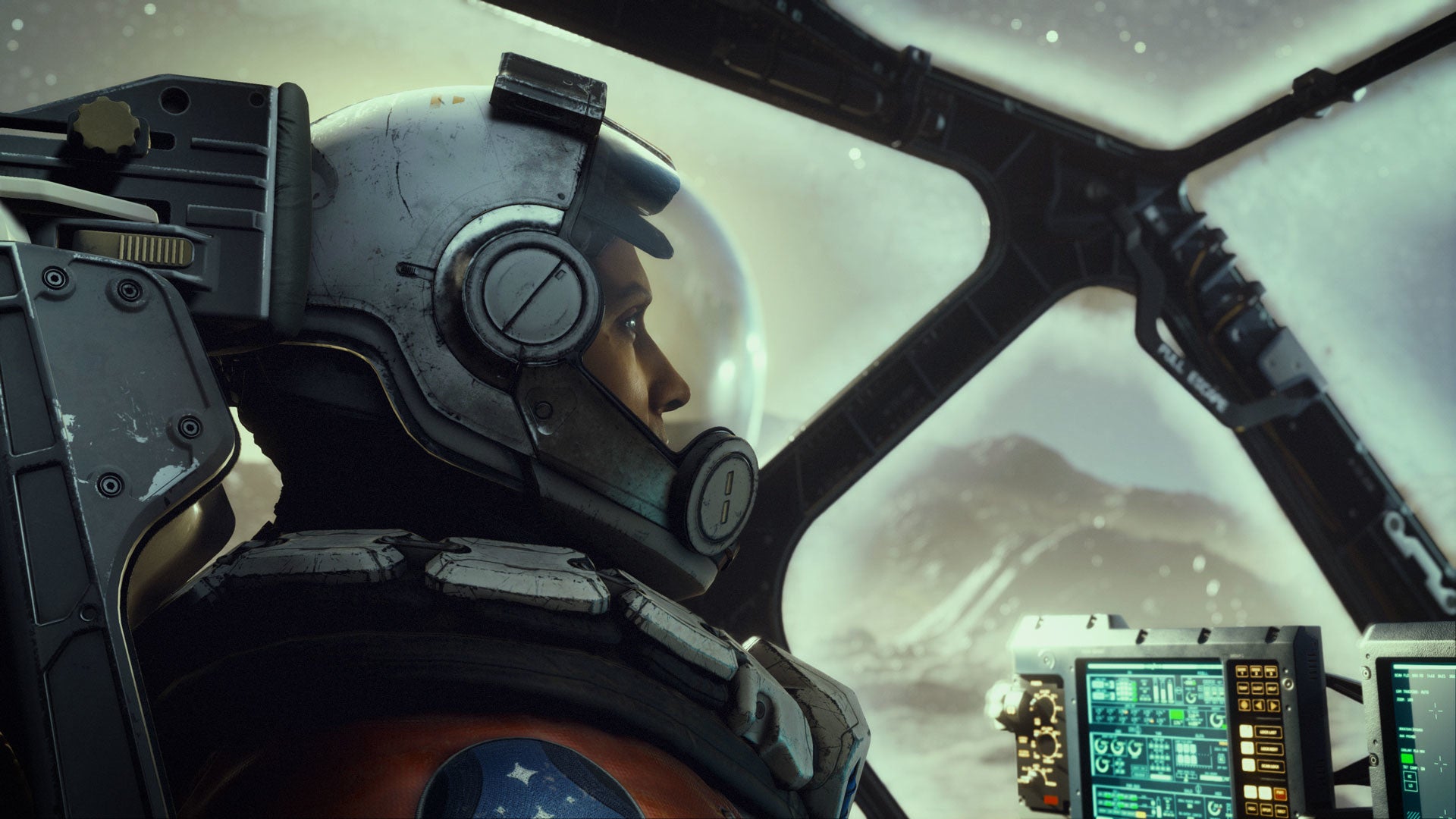 Una schermata di Starfield che mostra un pilota nella cabina di pilotaggio della loro navicella spaziale, montagne visibili in lontananza attraverso il vetro.
