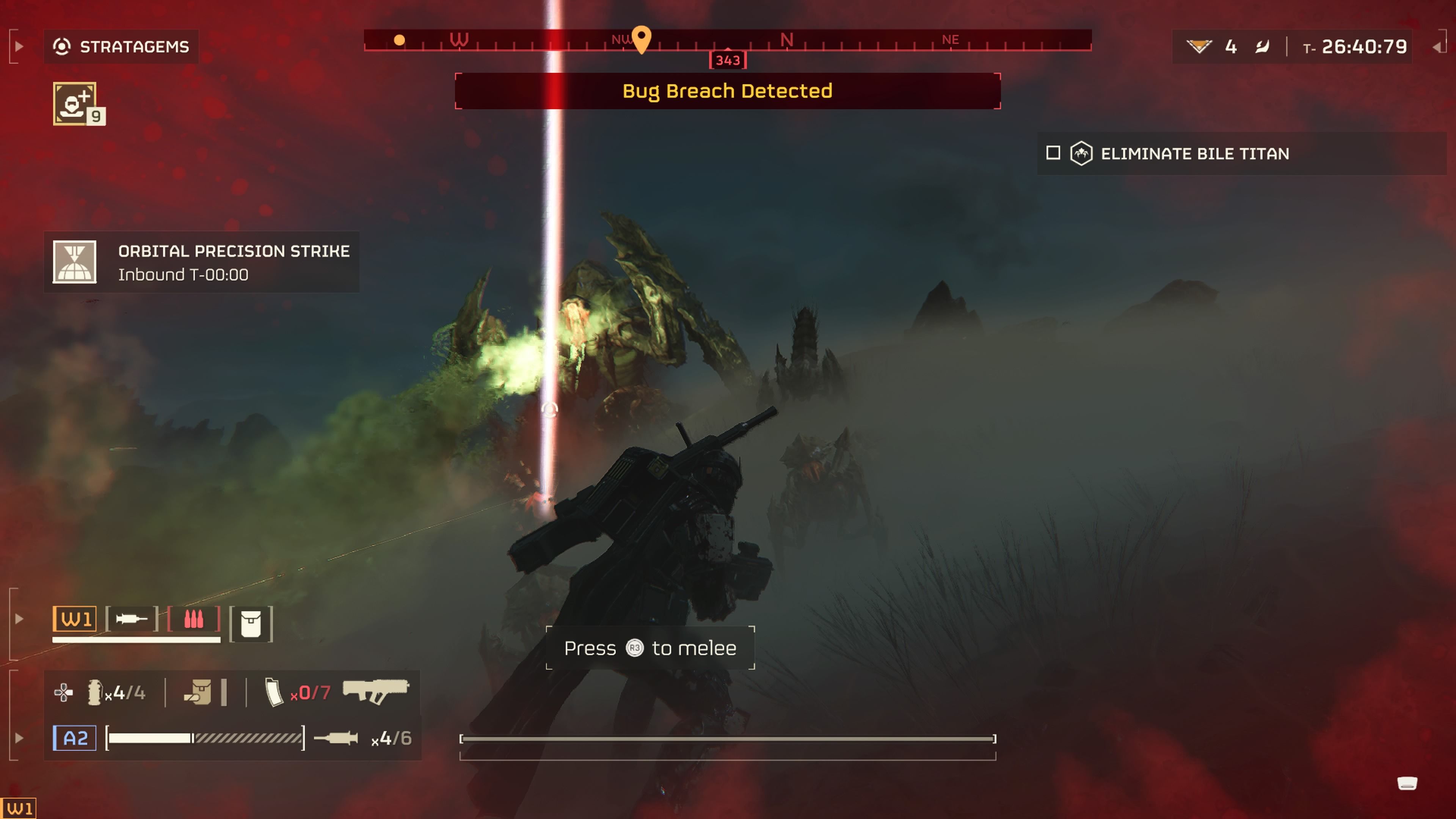 Personaje del jugador corriendo hacia un lado para evitar un ataque de ácido de un Bile Titan mientras un Orbital Strike está preparado para golpearlo en Helldivers 2.