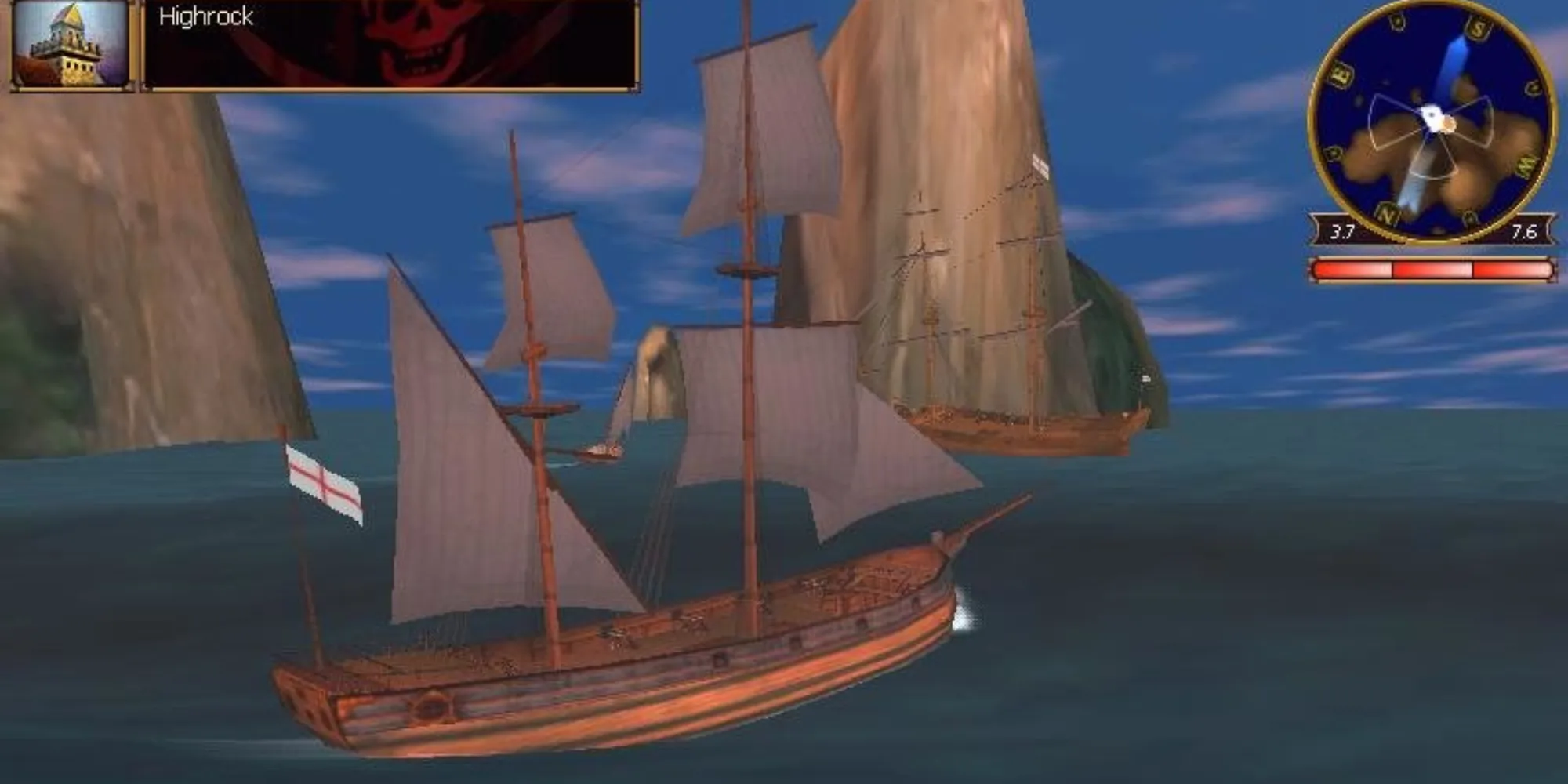 Sea Dogs: gameplay di una nave che naviga vicino a massi