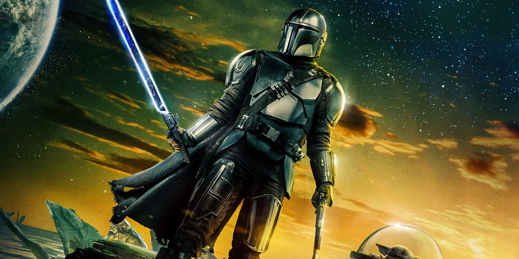 A promotional image for The Mandalorian Season 3, showing Din Djarin wielding the Darksaber amid a night sky.