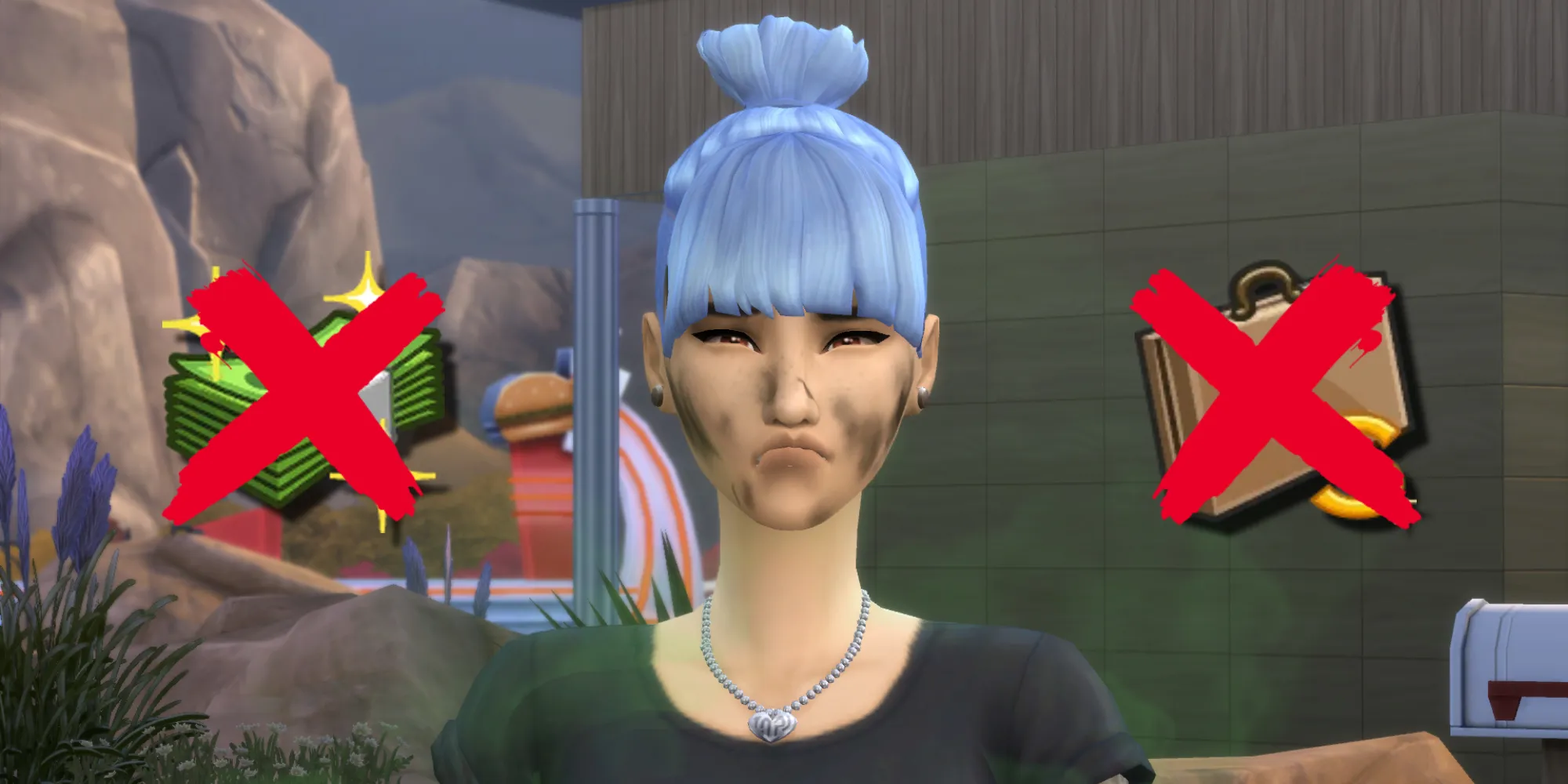 Un Sim è sporco e triste perché non ha né soldi né un lavoro all'inizio dell'Odd Money Legacy Challenge per The Sims 4