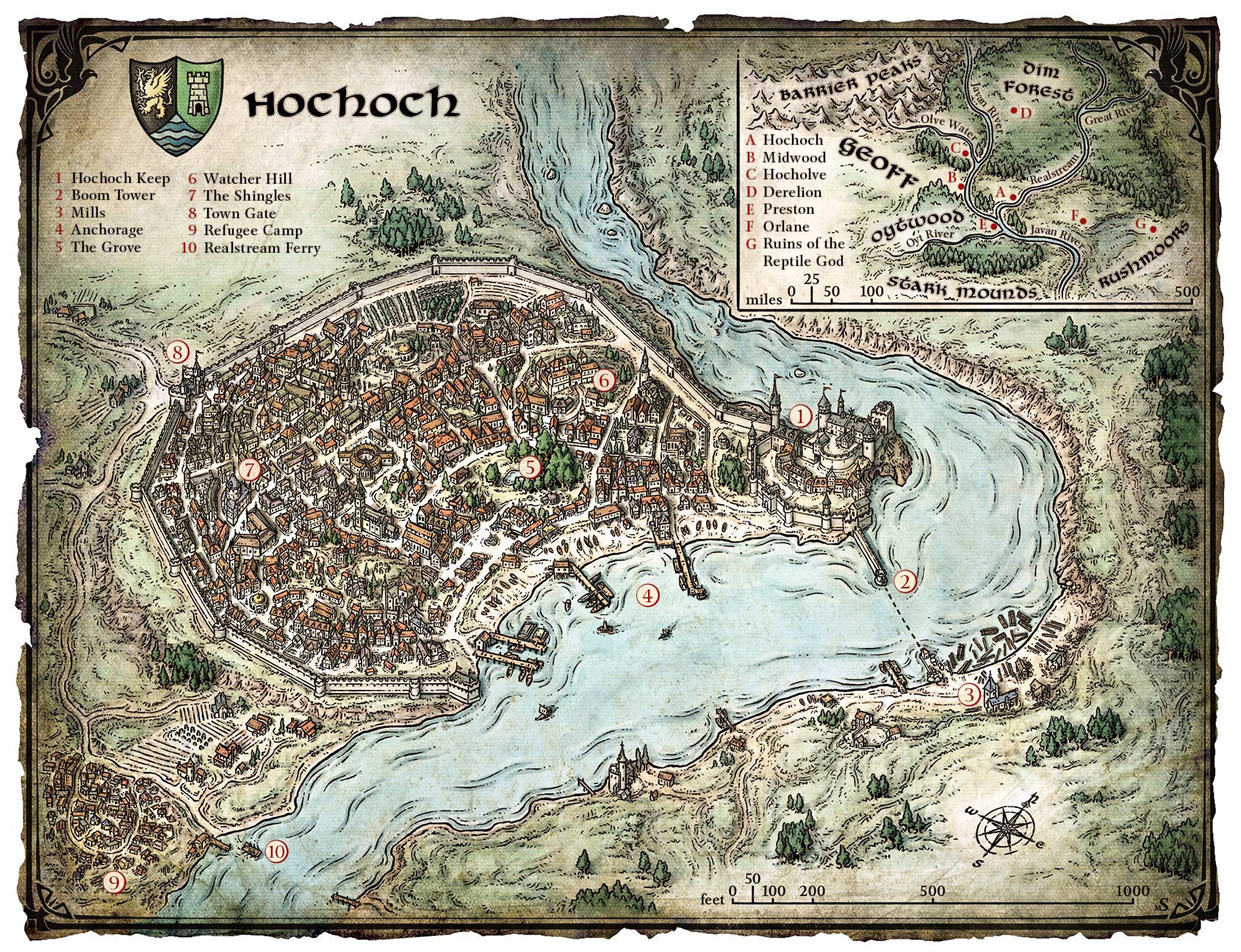 Una mappa di una città fantastica situata in una svolta del fiume. È una città dallo stile medievale, all'interno delle mura di un castello