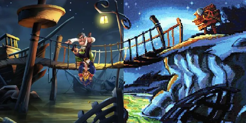 Monkey Island 2 - Guybrush being dangled off a bridge