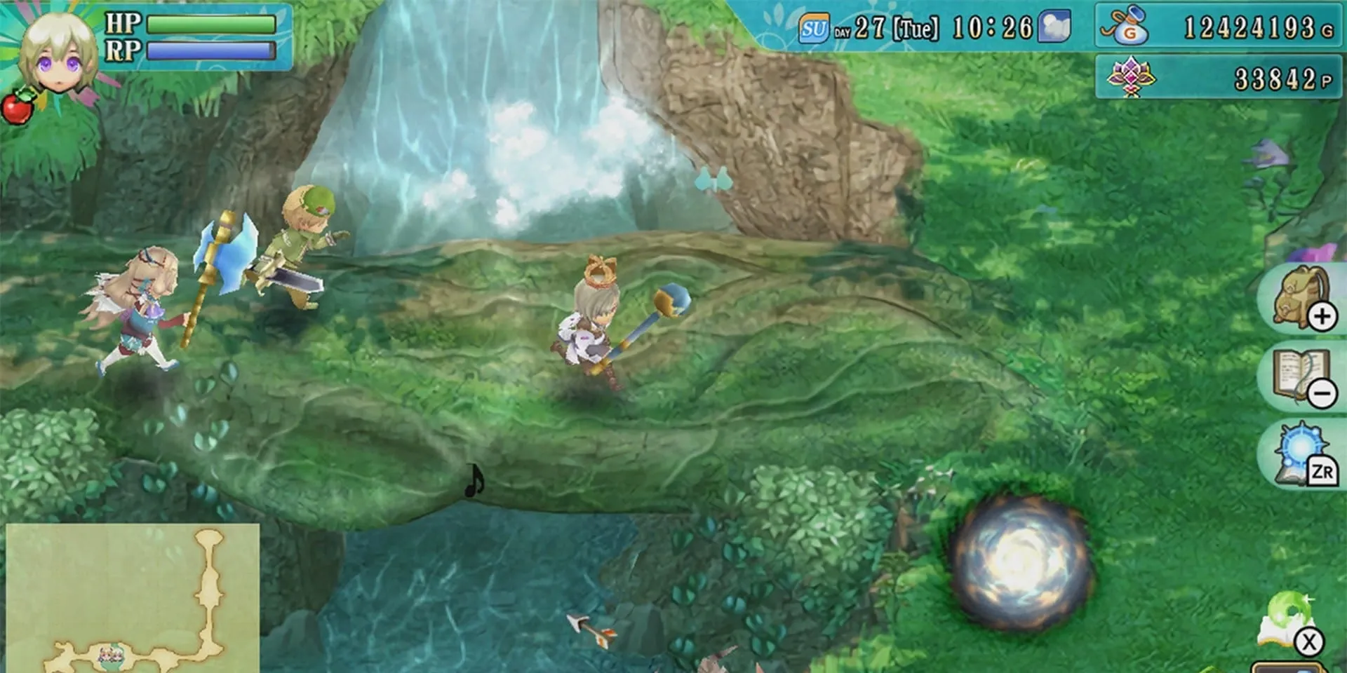 Players crossing a bridge on Rune Factory 4 Special’s landscape