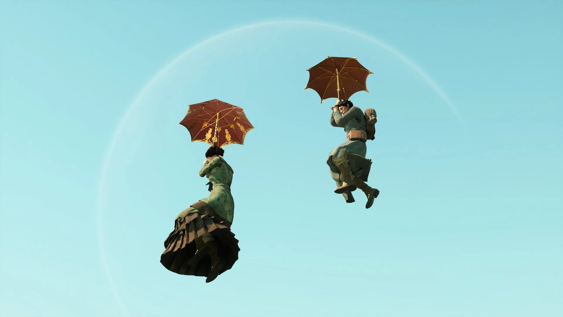 Deux personnages de Nightingale glissant sur des parapluies