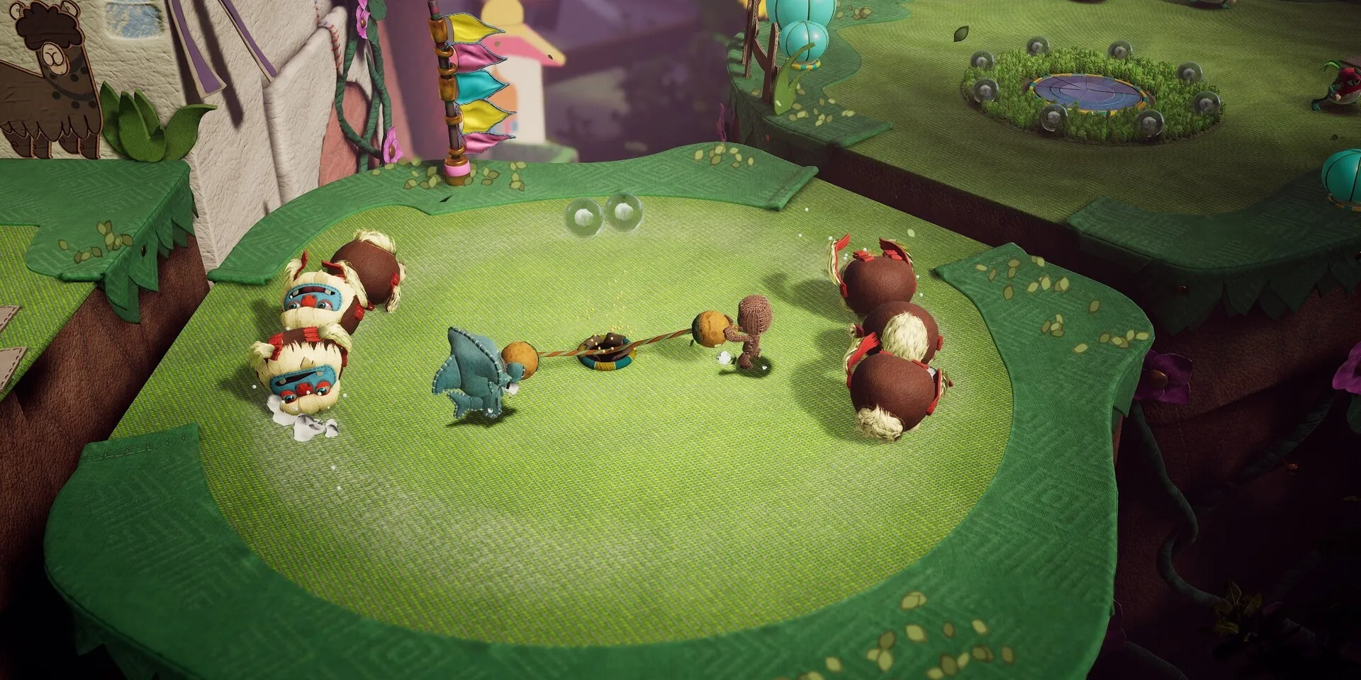 两个袋鼠男孩玩家在《袋鼠男孩：大冒险》中在地面上拉扯某物