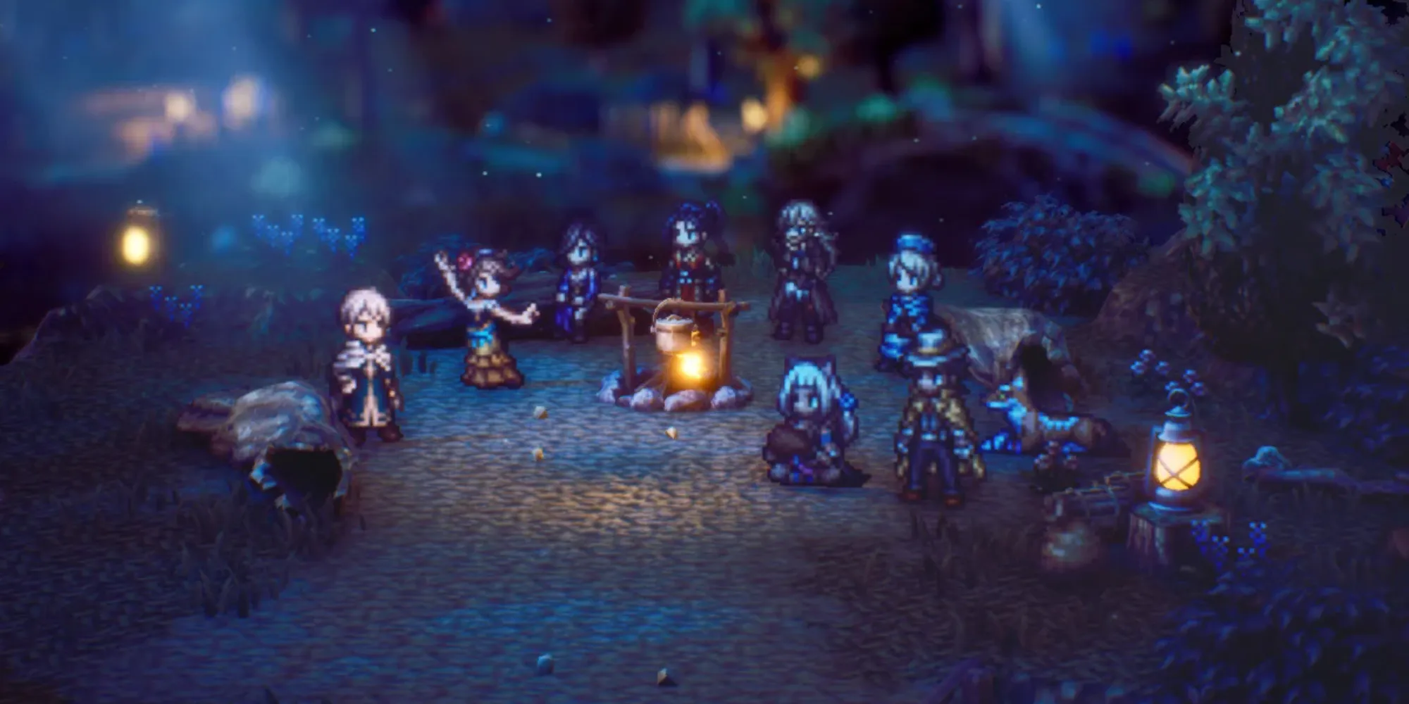 Un gruppo di personaggi riuniti attorno a un falò di notte