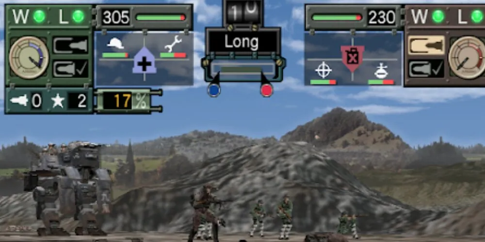Солдаты и мехи с характеристиками и метриками в верхней части экрана