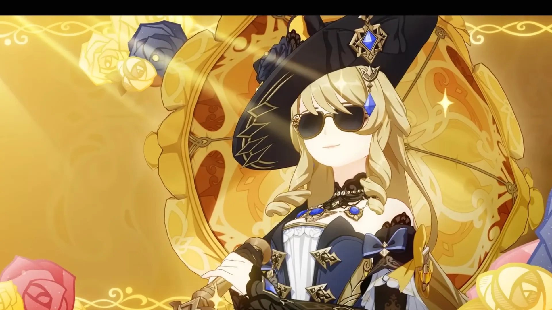 Navia holds a parasol and wears sunglasses in Genshin Impact.