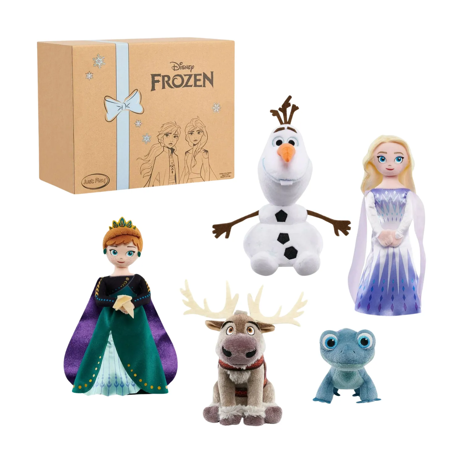 这张图片显示了五个来自冰雪奇缘II的角色的毛绒娃娃，包括Anna、Elsa、Olaf、一只蜥蜴和Sven。