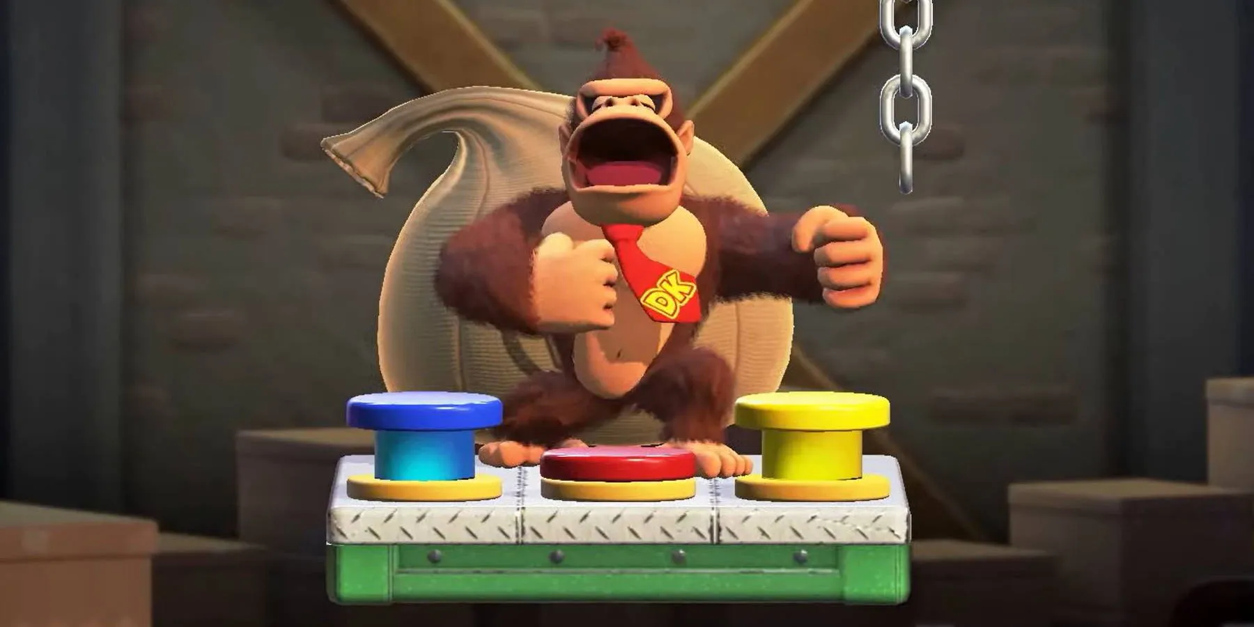 Capture d'écran de Donkey Kong se tenant devant trois boutons multicolores dans Mario vs. Donkey Kong.
