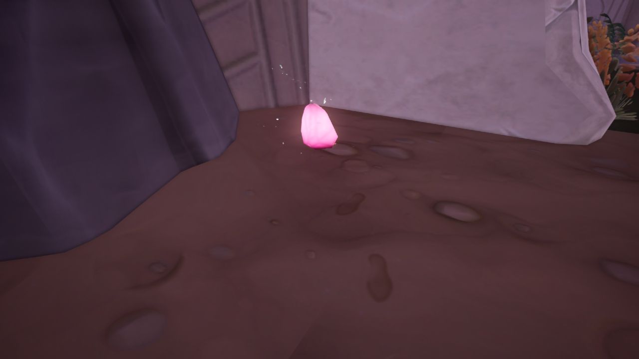 Piedra de flujo rosada de Palia con un aura de destello tenue alrededor. La piedra de flujo es un objeto de búsqueda para la Peregrinación de Plumehound.