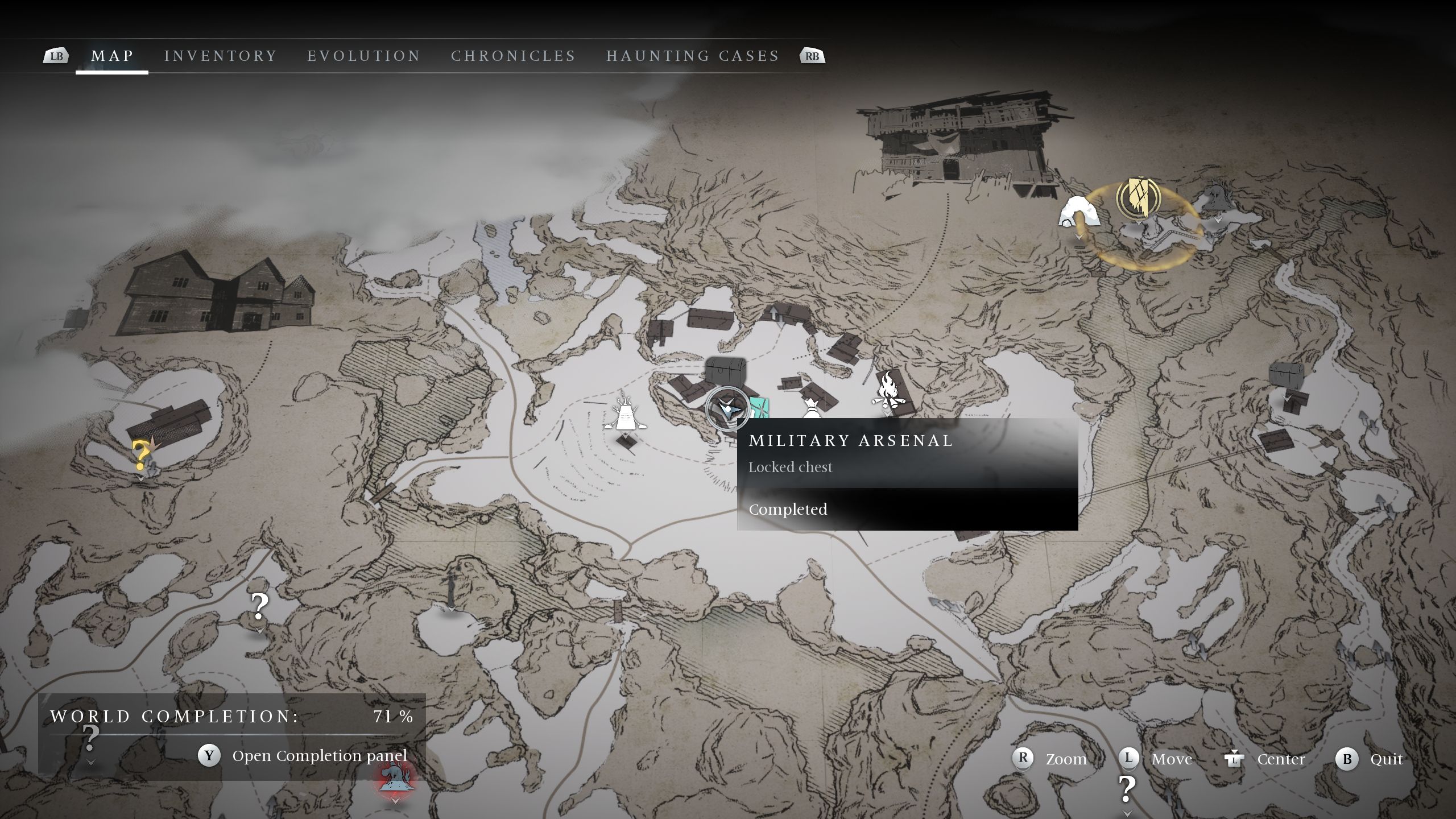 Una imagen de mapa que muestra la ubicación del cofre del Arsenal Militar bloqueado - Banishers Ghosts of New Eden