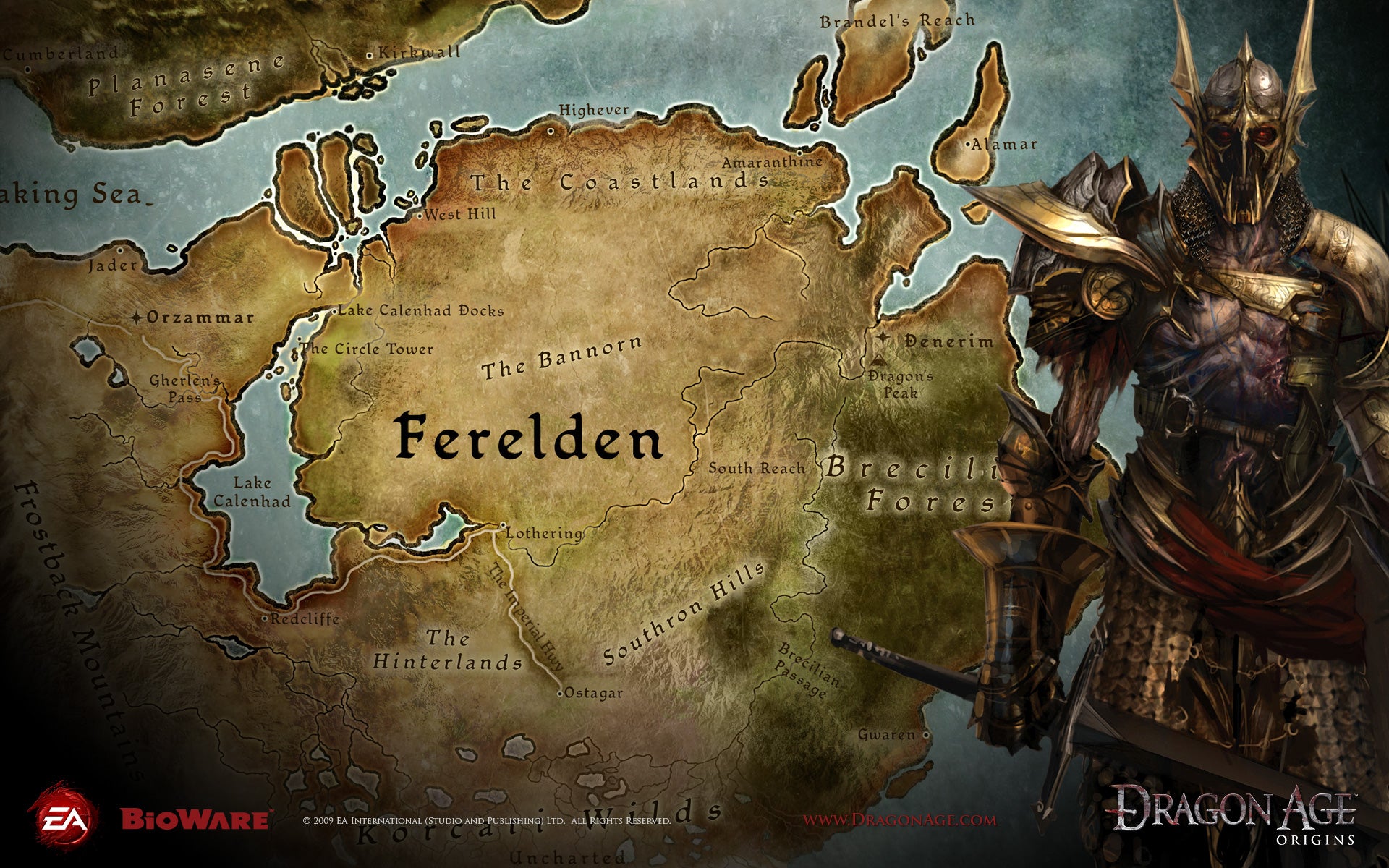 La mappa del mondo di Dragon Age: Origins, mostrando la regione di Ferelden in cui avventurarsi.