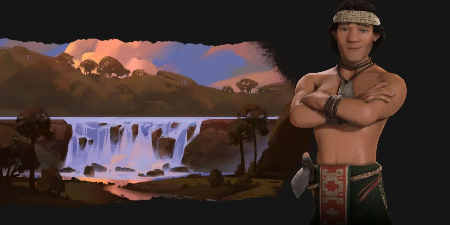 Une image du dirigeant Lautaro de Civilization 6 devant une cascade