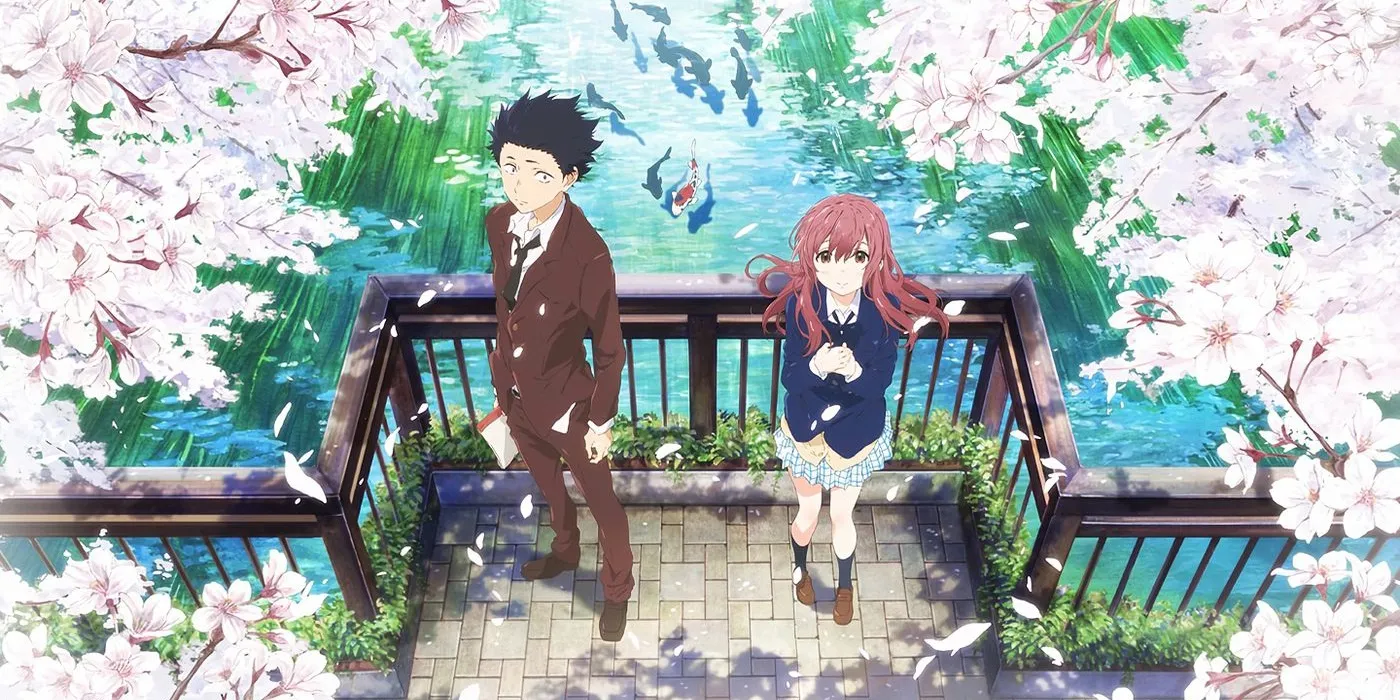 애니메이션 소리 없는 목소리의 주인공인 쇼코와 쇼야가 벚꽃이 피어있는 강 위 다리에서 포즈를 취하고 있다.
