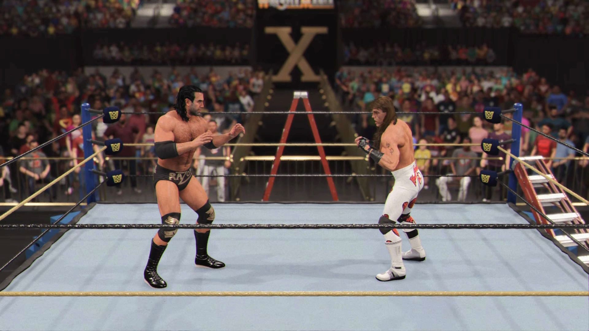 Razor Ramon and Shawn Michaels facing off in a ladder match in WWE 2K24