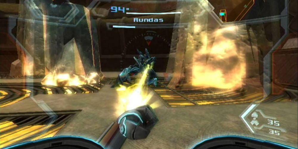 Metroid Prime 3에서 Samus가 Rundas 와 싸우는 모습