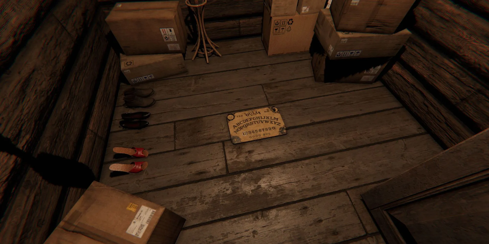 Image depicts a Ouija Board on the floor in a utility closet in Grafton Farmhouse in Phasmophobia.