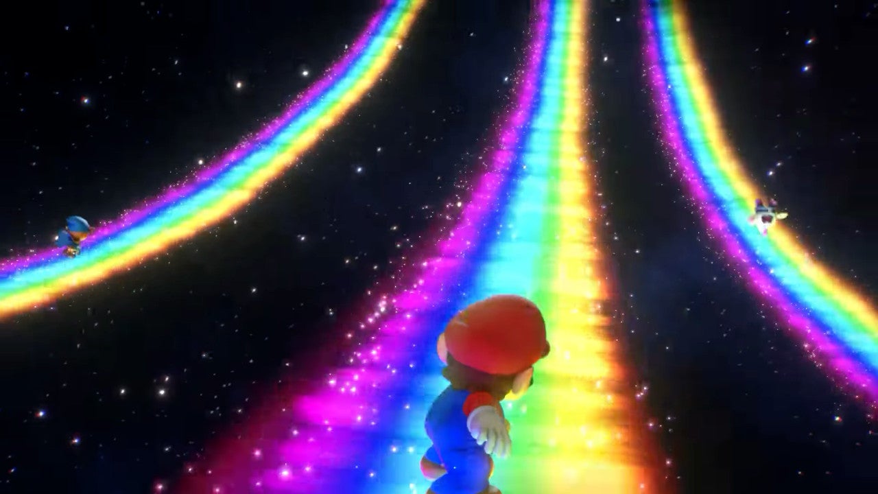 Mario e i suoi amici si scatenano su arcobaleni separati in questo attacco Triple Move da Super Mario RPG.
