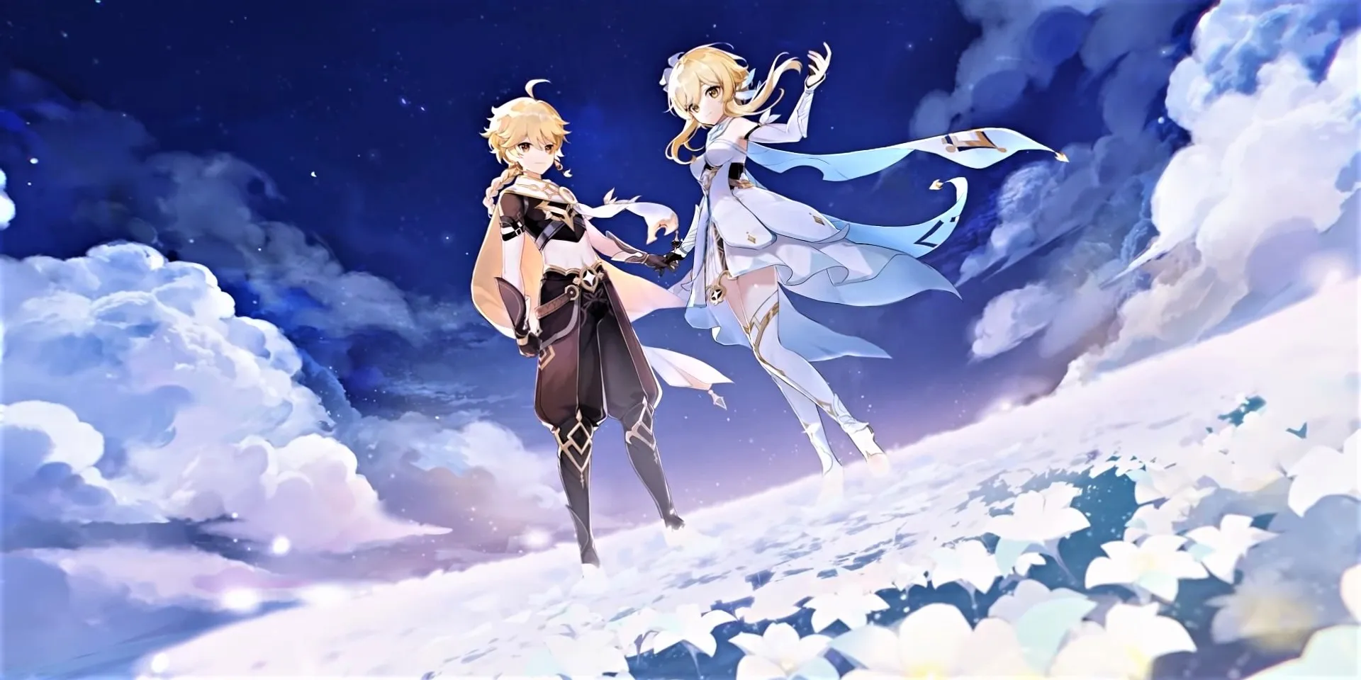 Два путешественника на фоне цветущего поля и неба из игры Genshin Impact