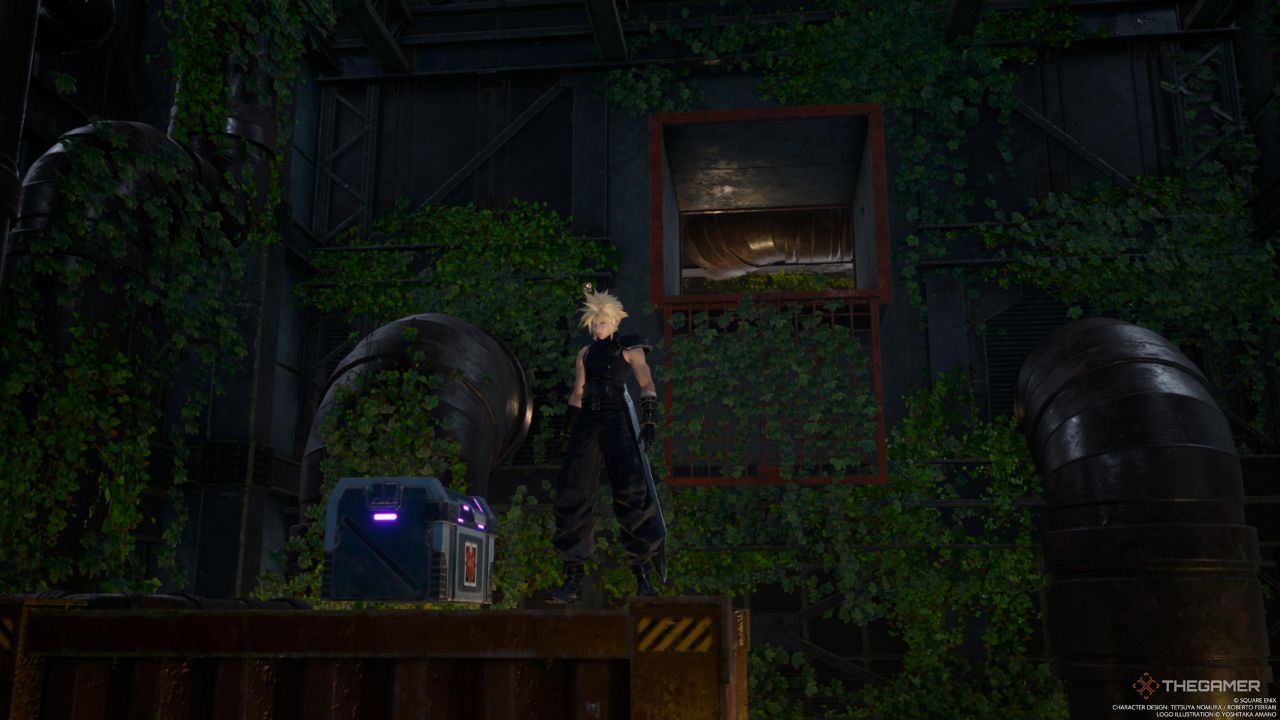 Final Fantasy 7 Rebirth中位于贡加加反应堆隐秘区域的一个紫色宝箱旁的玩家。