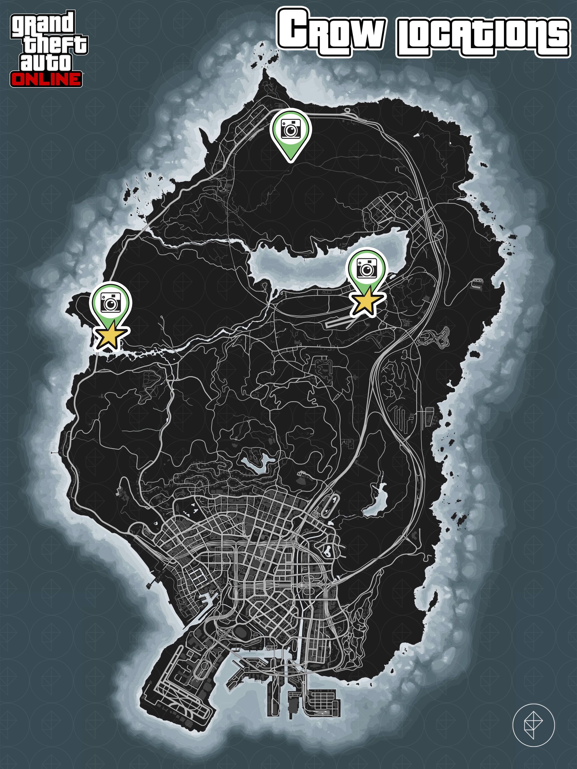 Carte de GTA Online montrant les emplacements des corbeaux