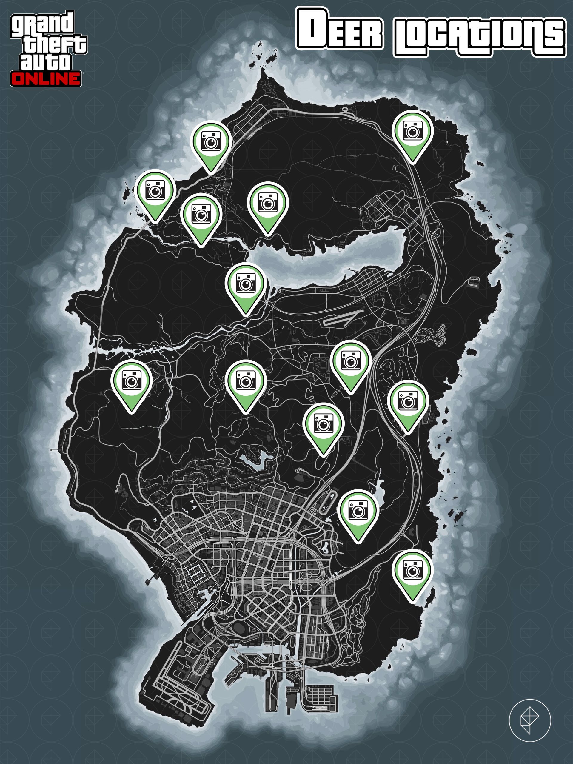 Carte de GTA Online montrant les emplacements des cerfs
