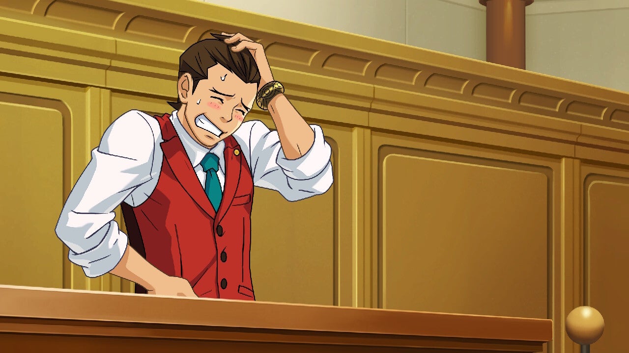 Captura de pantalla de la Trilogía de Apollo Justice mostrando a Apollo Justice estresado en la corte