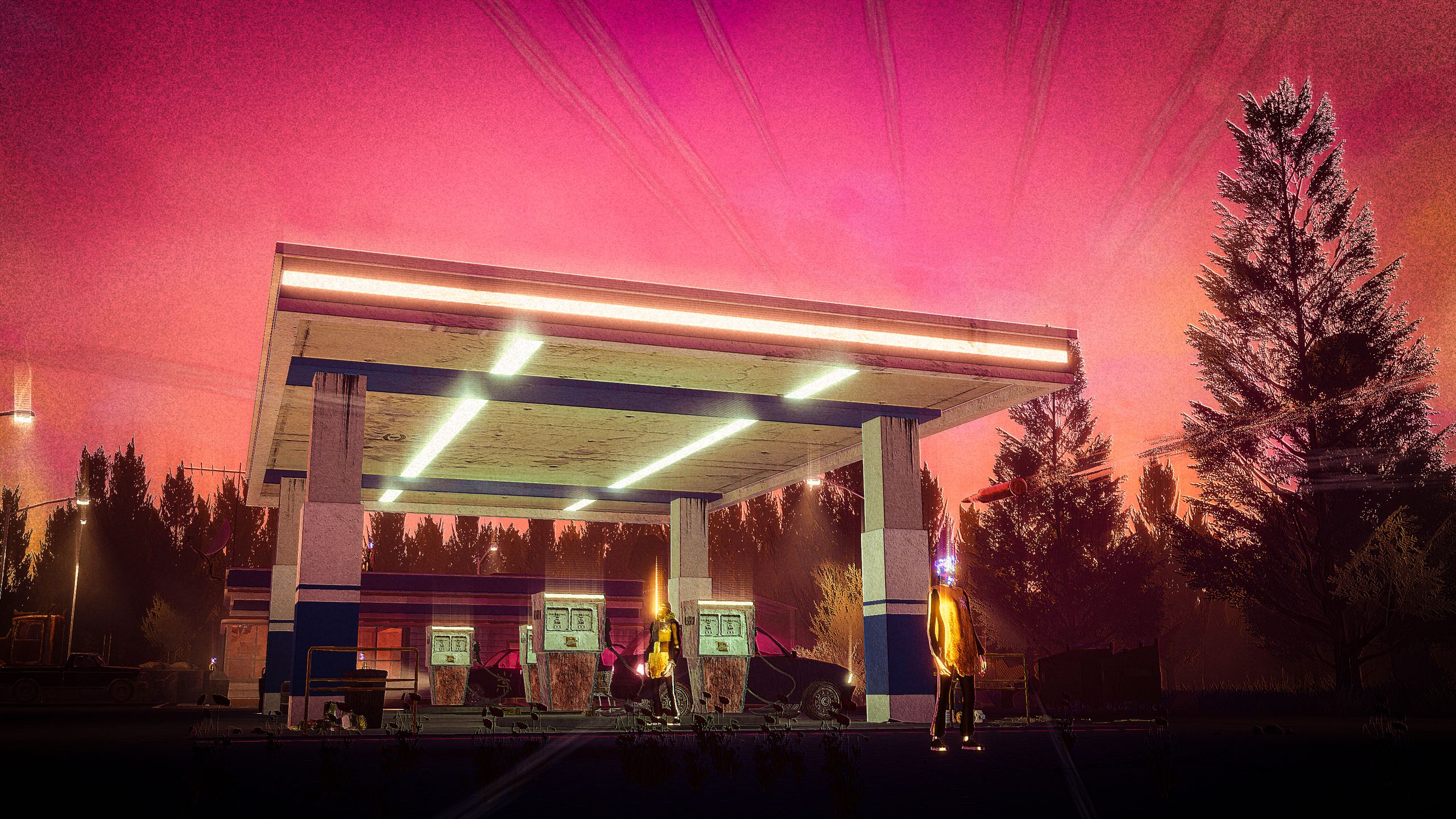 Capture d'écran de Children of the Sun montrant une station-service éclairée par des lumières au néon contre un ciel rosâtre.