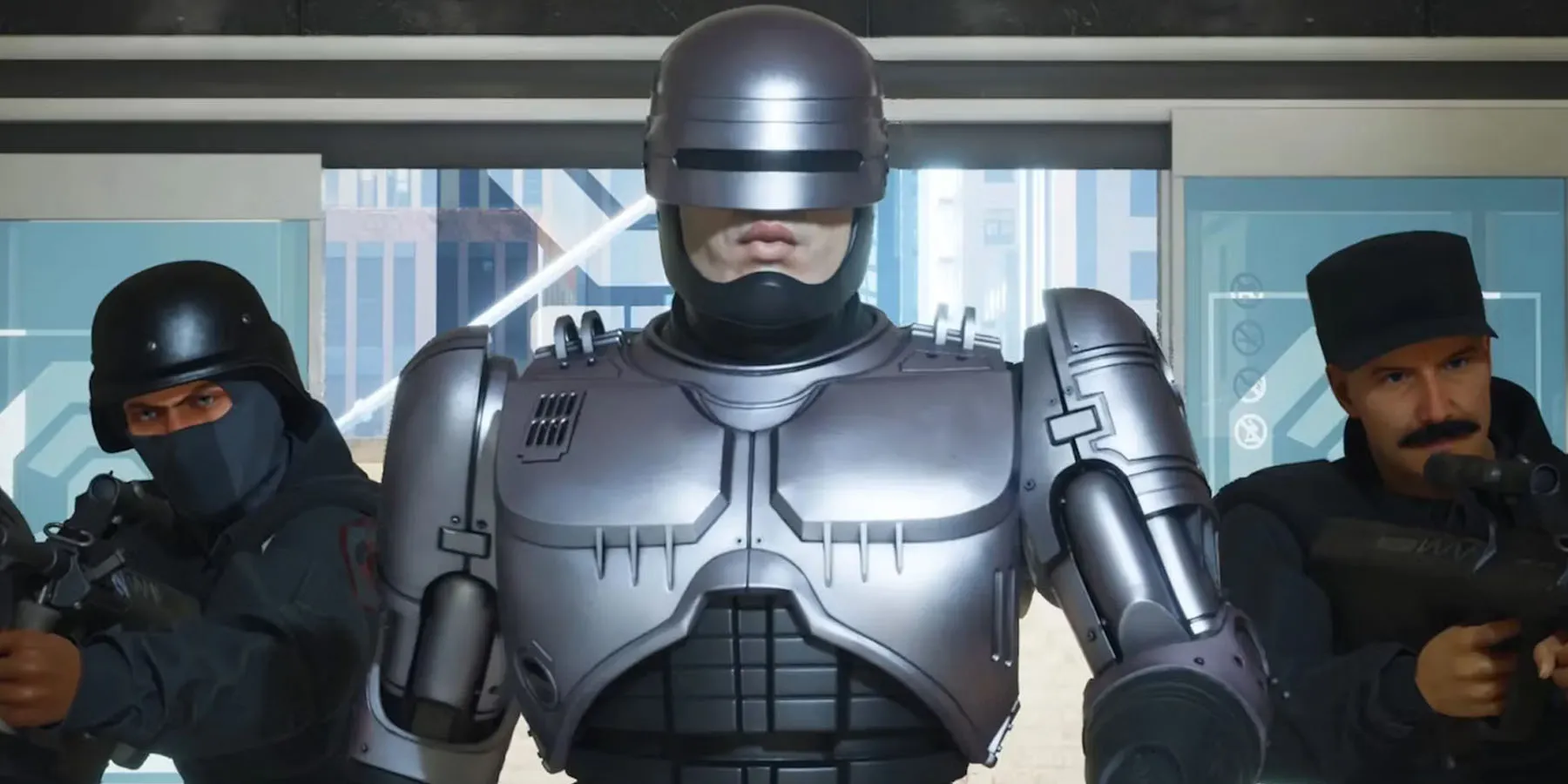 Скриншот с РобоКопом и командой офицеров, входящих в здание в игре 'РобоКоп: Город Разбойников'.
