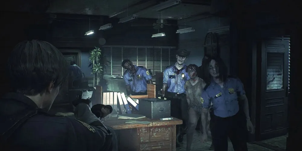 Leon in una stanza piena di zombi della polizia