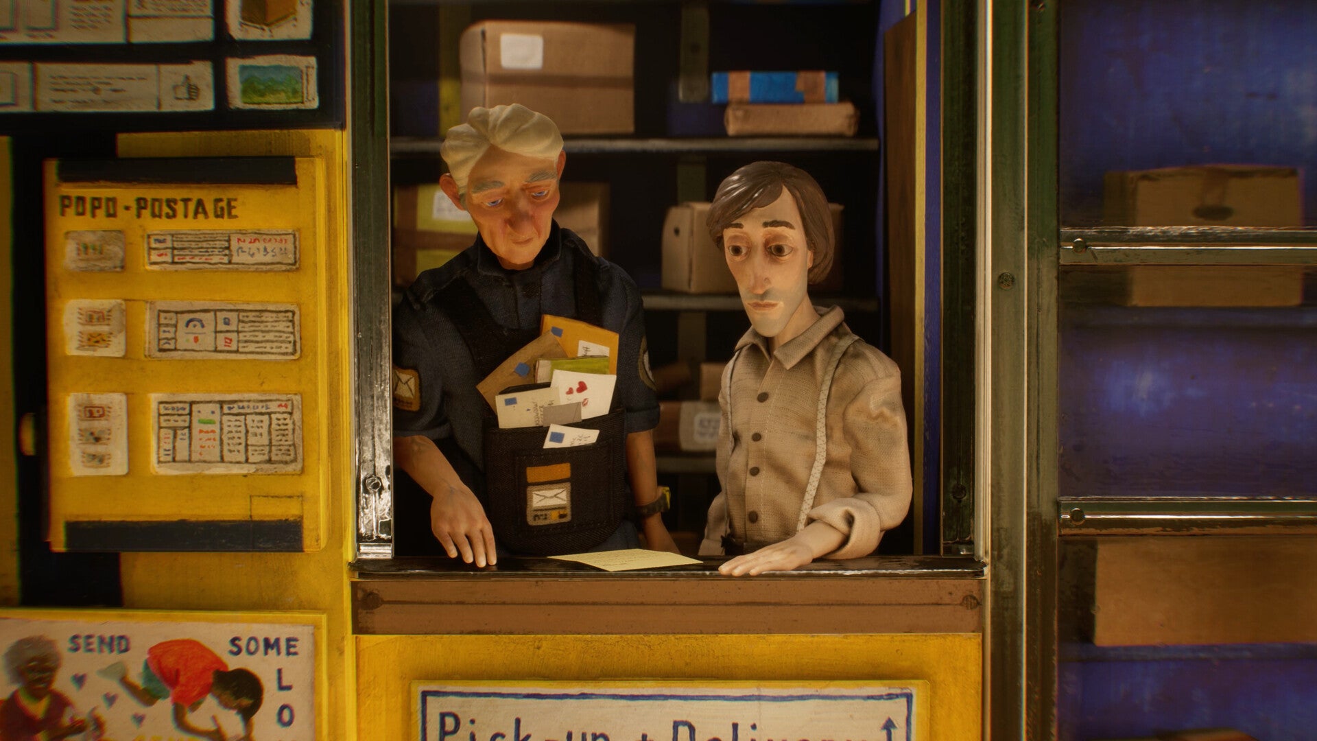 两个定格动画模型的男人站在邮局柜台的窗户后面。它是简陋和手工制作的，写着许多颤抖的字母，给这个地方增添了特色。