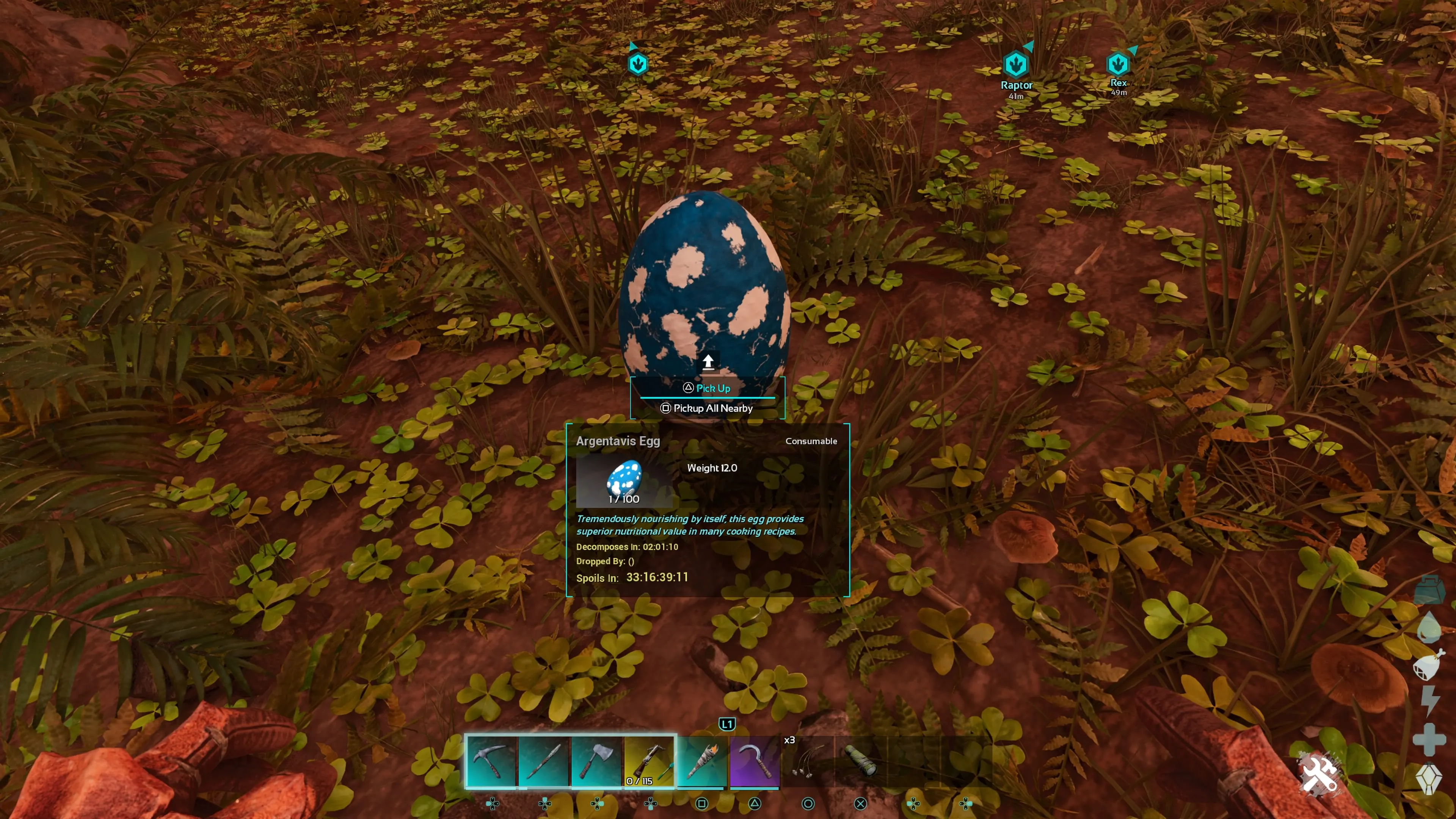 プレイヤーキャラクターが地面に置かれた未受精のアルゲンタヴィスの卵を見下ろしている様子の画像