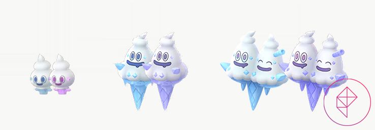 Vanillite, Vanillish e Vanilliuxe com as suas formas shiny em Pokémon Go. Shiny Vanillite é rosa, mas os outros ficam com um azul mais escuro ou índigo.