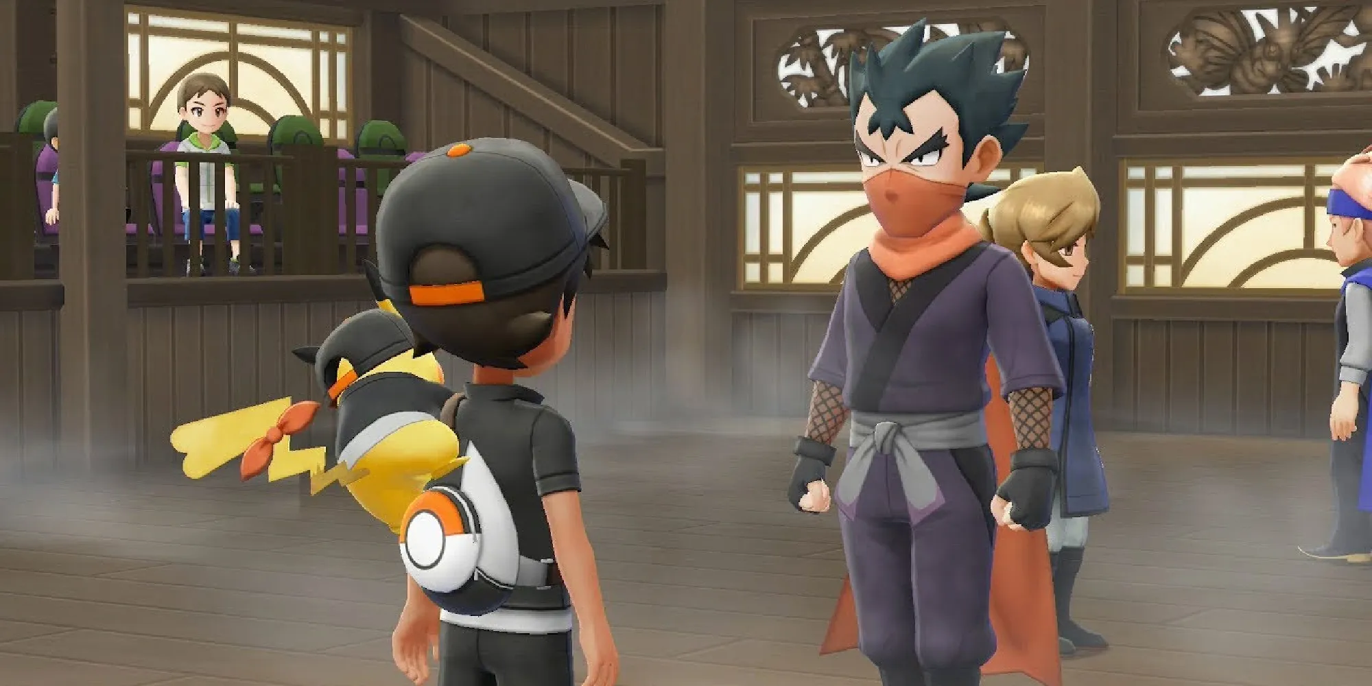 Un jugador enfrentándose a Koga en el Gimnasio de Ciudad Fucsia en Pokémon Let's Go