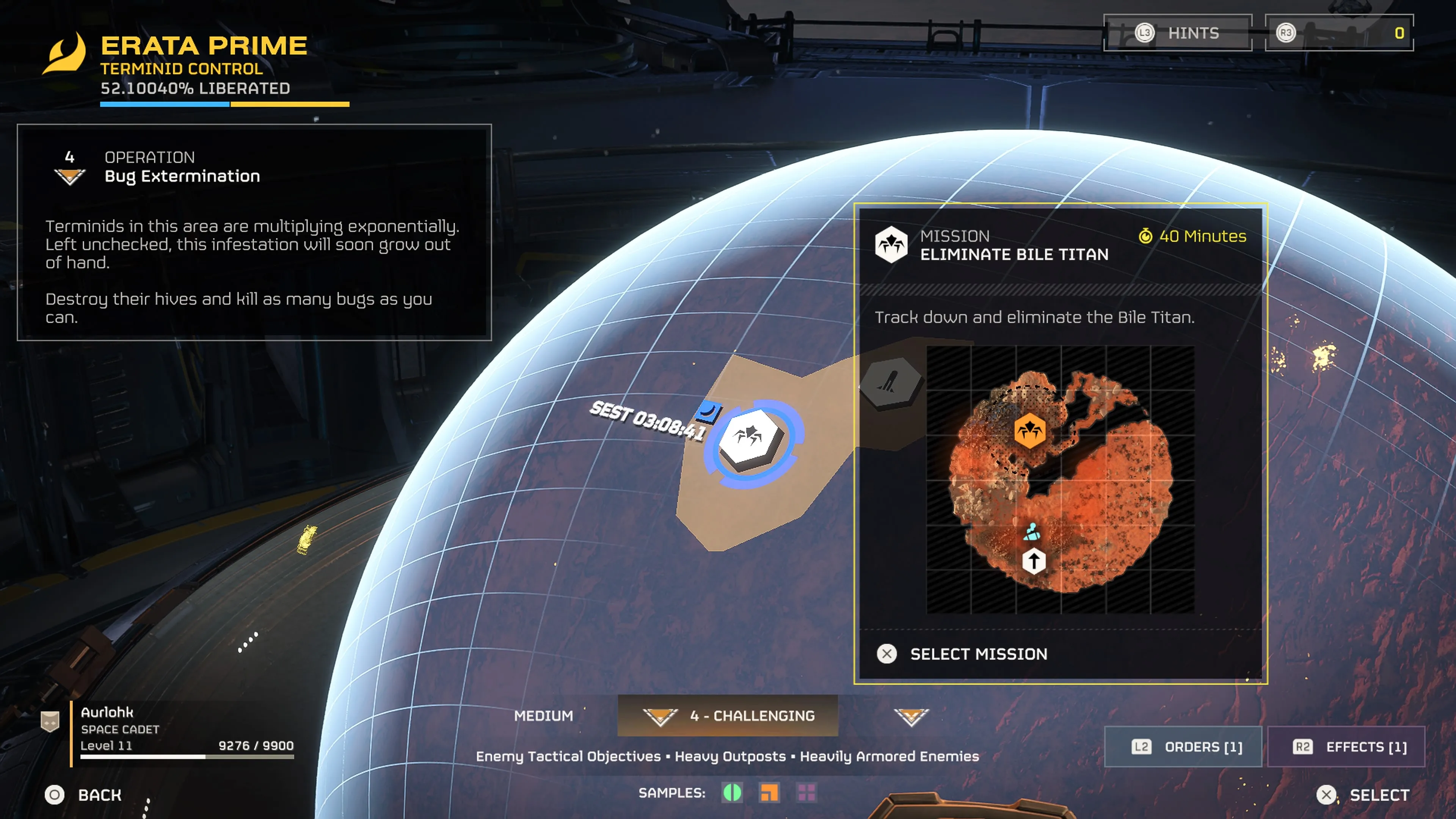 Visuale ingrandita della Mappa Galattica centrata sul pianeta Erata Prime e una missione per eliminare un Titano Bile in Helldivers 2.